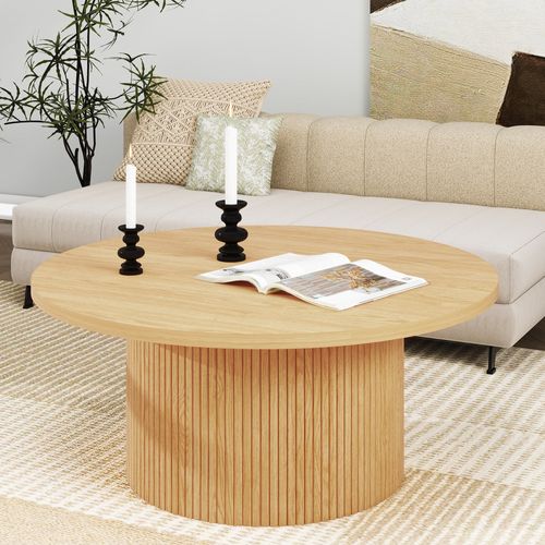 Table Basse Ronde Piédestal 90 Ou 60 Cm En Bois Massif Et Mdf, Finition Naturelle Grain Bois