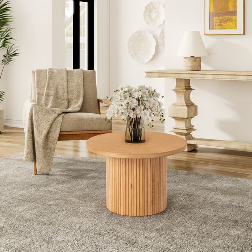 Table Basse Ronde 90/60 Cm En Bois Massif Et Mdf, Finition Naturelle, Design Gain De Place