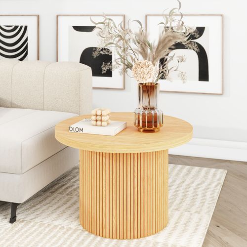 Table Basse Ronde 90/60 Cm En Bois Massif Et Mdf, Finition Naturelle, Design Gain De Place