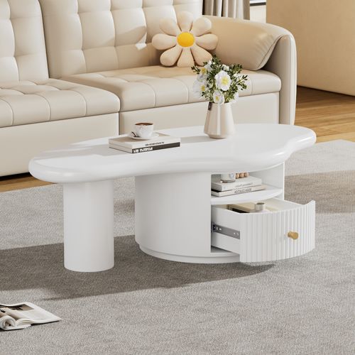 Table Basse Forme Nuage 110x60x37,5 Cm En Mdf Blanc, 1 Tiroir, Design Créatif Et Patins Feutre