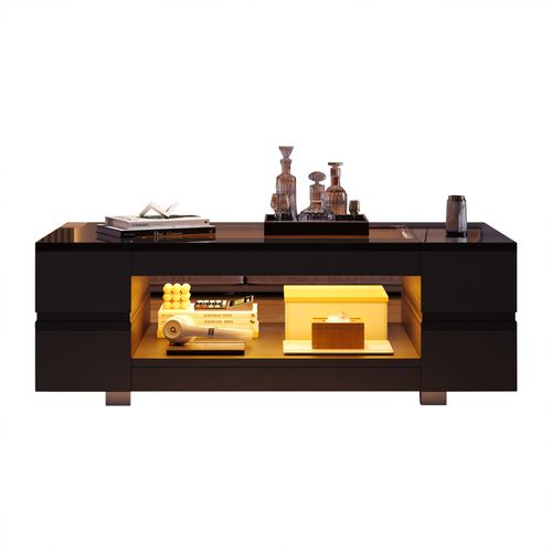 Table Basse LED Noire 100x50x35 Cm, Double Plateau Design Creux Et Verre Trempé Élégant