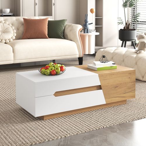 Table Basse 120x50x37,5 Cm En Mdf Blanc Et Bois Naturel, Coulissante Avec 2 Tiroirs Et Rangements