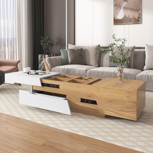 Table Basse 120x50x37,5 Cm En Mdf Blanc Et Bois Naturel, Coulissante Avec 2 Tiroirs Et Rangements