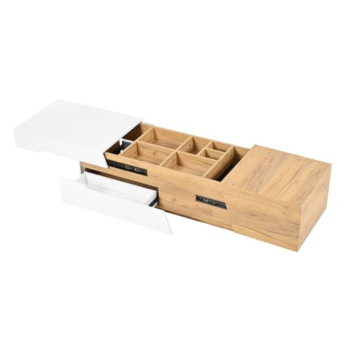 Table Basse 120x50x37,5 Cm En Mdf Blanc Et Bois Naturel, Coulissante Avec 2 Tiroirs Et Rangements