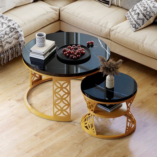 Ensemble De Deux Tables Basses Gigognes Rondes Modernes En Marbre Noir à Motif Et Cadres Dorés