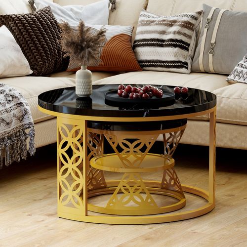 Ensemble De Deux Tables Basses Gigognes Rondes Modernes En Marbre Noir à Motif Et Cadres Dorés