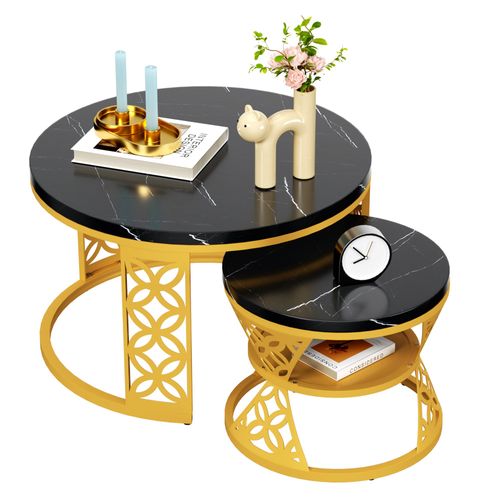Ensemble De Deux Tables Basses Gigognes Rondes Modernes En Marbre Noir à Motif Et Cadres Dorés