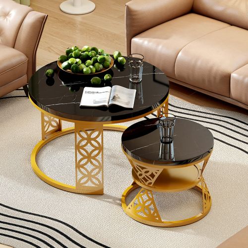 Ensemble De Deux Tables Basses Gigognes Rondes Modernes En Marbre Noir à Motif Et Cadres Dorés
