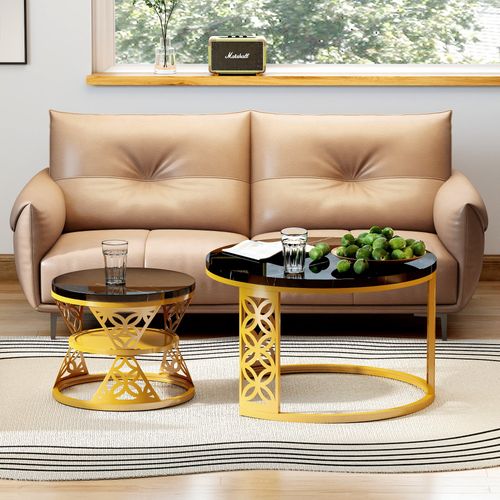 Ensemble De Deux Tables Basses Gigognes Rondes Modernes En Marbre Noir à Motif Et Cadres Dorés