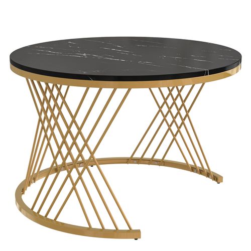 Tables Basses Rondes 2 En 1, Marbre Mdf, Rotin, Pieds Dorés, 70x45 Et 50x38 Cm