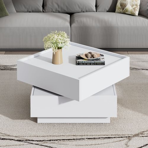 Table Basse Rotative 360°, Plateau Pivotant, 2 Étagères, Rangement, Structure Blanche 60x60x38 Cm