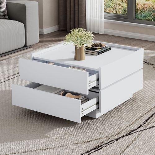 Table Basse Rotative 360°, Plateau Pivotant, 2 Étagères, Rangement, Structure Blanche 60x60x38 Cm