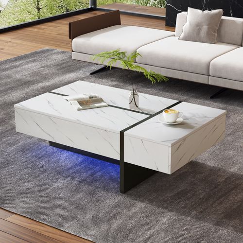 Table Basse Blanche 105x60x35 Cm, LED, Motif Marbre, Plateau Brillant, Design Irrégulier
