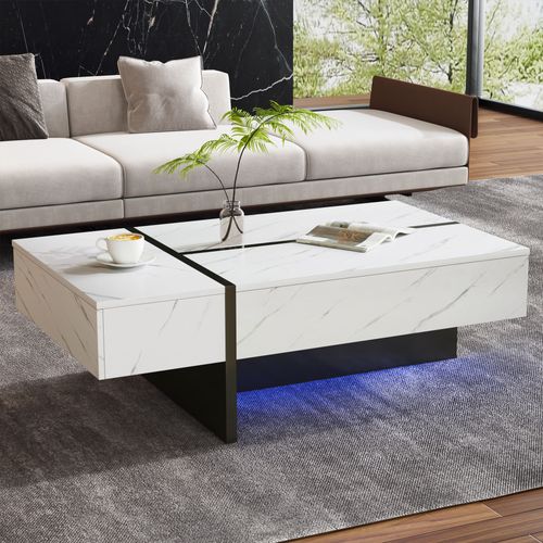 Table Basse Blanche 105x60x35 Cm, LED, Motif Marbre, Plateau Brillant, Design Irrégulier