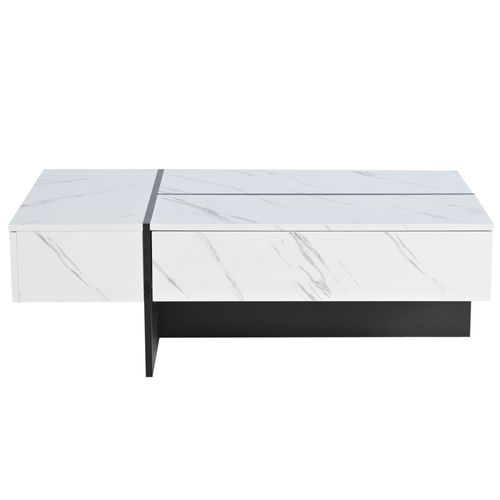 Table Basse Blanche 105x60x35 Cm, LED, Motif Marbre, Plateau Brillant, Design Irrégulier