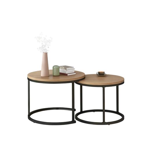 Ensemble De 2 Tables Basses Rondes Effet Chêne, Design Imbriqué, Table D’appoint Salon Moderne