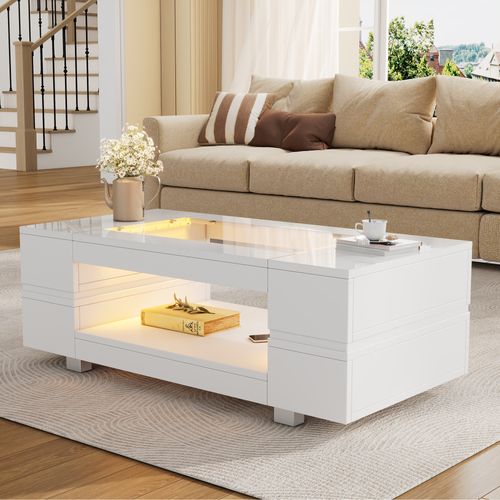 Table Basse Blanche LED, Contrôle Bluetooth Via App, Multifonction, Idéale Pour Salon Et Bureau