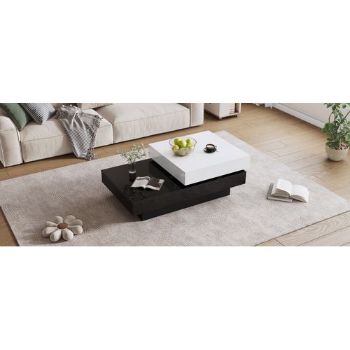 Table Basse Rotative Noir Et Blanc, Double Plateau, Finition Brillante, Design Moderne Pour Salon