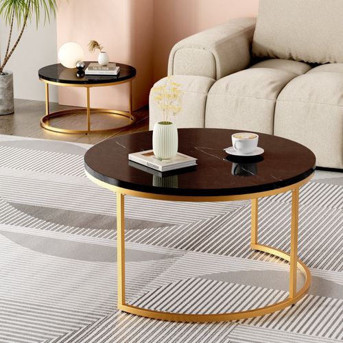 Ensemble De Tables Basses Gigognes Modernes, Deux Tables Rondes, Plateau Noir, Structure Dorée.