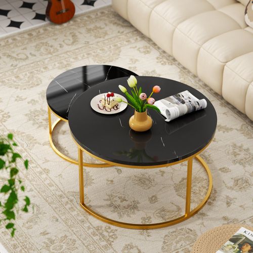 Ensemble De Tables Basses Gigognes Modernes, Deux Tables Rondes, Plateau Noir, Structure Dorée.