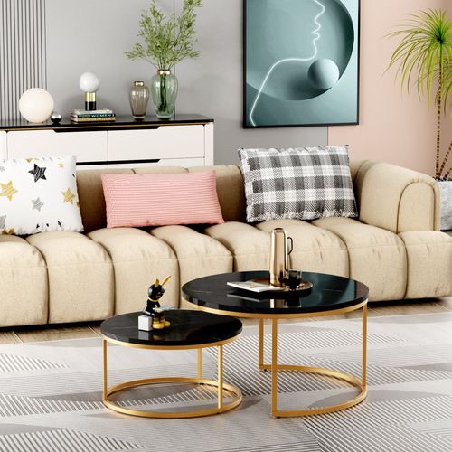 Ensemble De Tables Basses Gigognes Modernes, Deux Tables Rondes, Plateau Noir, Structure Dorée.