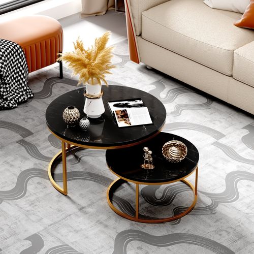 Ensemble De Tables Basses Gigognes Modernes, Deux Tables Rondes, Plateau Noir, Structure Dorée.