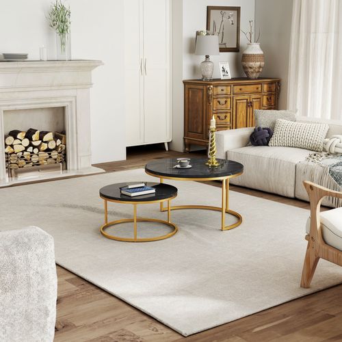 Ensemble De Tables Basses Gigognes Modernes, Deux Tables Rondes, Plateau Noir, Structure Dorée.