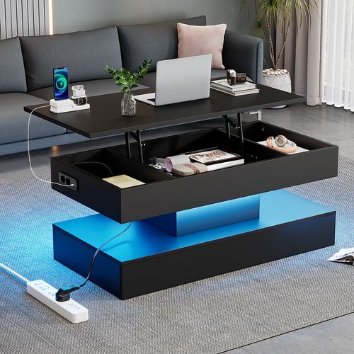 Table Basse Relevable 100x50x42 Cm, LED, Rangement Caché, Mécanisme Hydraulique, Charge 50 Kg