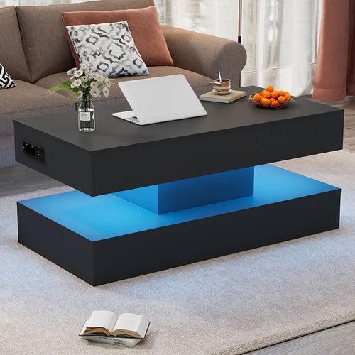 Table Basse Relevable 100x50x42 Cm, LED, Rangement Caché, Mécanisme Hydraulique, Charge 50 Kg