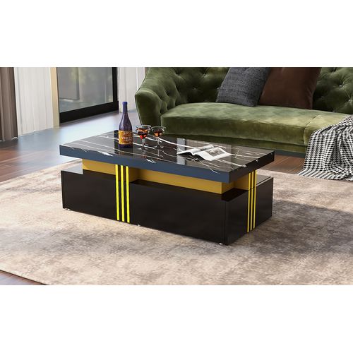 Table Basse Moderne Rectangulaire, Effet Marbre, 2 Tiroirs Bois, 100x50x40 Cm, Pour Salon