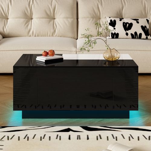 Table Basse Brillante Noir Blanc, LED 16 Couleurs, Plateau Extensible, Rangement Caché