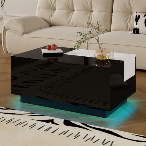 Table Basse Brillante Noir Blanc, LED 16 Couleurs, Plateau Extensible, Rangement Caché
