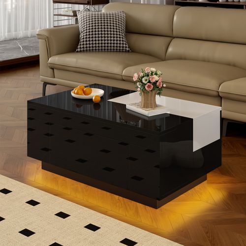 Table Basse Brillante Noir Blanc, LED 16 Couleurs, Plateau Extensible, Rangement Caché