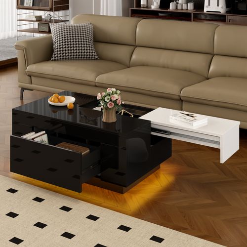 Table Basse Brillante Noir Blanc, LED 16 Couleurs, Plateau Extensible, Rangement Caché