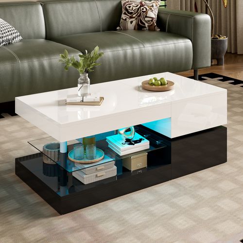 Table Basse LED Moderne 90x45x35,5 Cm, Plateau En Verre Brillant, Contrôle App Et Bluetooth