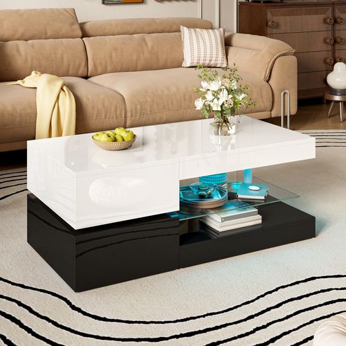Table Basse LED Moderne 90x45x35,5 Cm, Plateau En Verre Brillant, Contrôle App Et Bluetooth