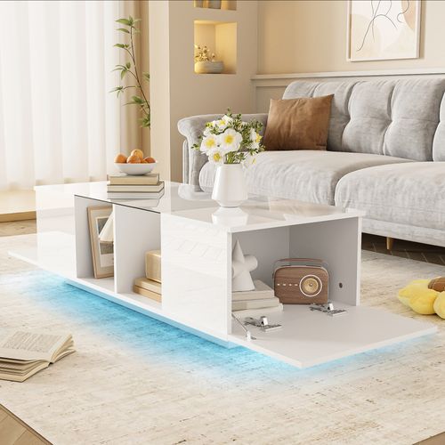 Table Basse Moderne Blanche Plateau Brillant LED Pour Salon 120 Sur 50 Sur 38 Virgule 5