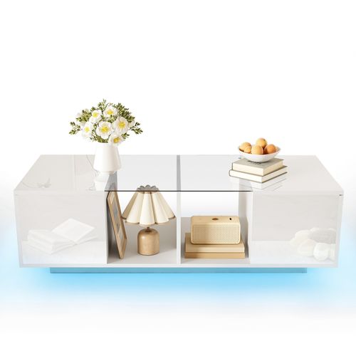 Table Basse Moderne Blanche Plateau Brillant LED Pour Salon 120 Sur 50 Sur 38 Virgule 5