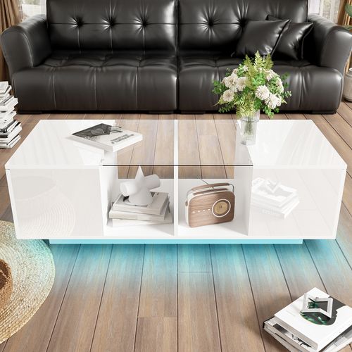 Table Basse Moderne Blanche Plateau Brillant LED Pour Salon 120 Sur 50 Sur 38 Virgule 5
