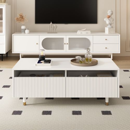 Table Basse LED Moderne Avec Tiroirs Ondulés Pieds Dorés Et Blancs Éclairage à Couleur Changeante