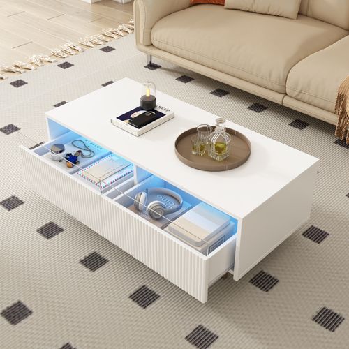 Table Basse LED Moderne Avec Tiroirs Ondulés Pieds Dorés Et Blancs Éclairage à Couleur Changeante