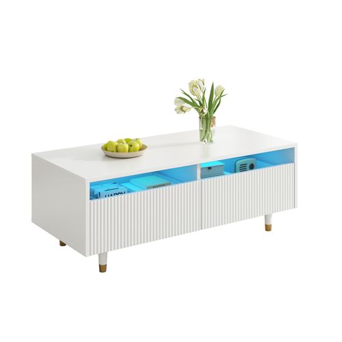 Table Basse LED Moderne Avec Tiroirs Ondulés Pieds Dorés Et Blancs Éclairage à Couleur Changeante