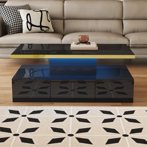 Table Basse Laquée Brillante Avec LED Intégrée, Double Plateau Et Tiroirs Pour Salon
