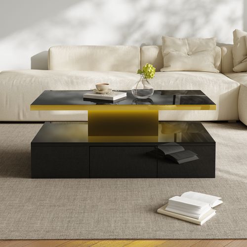 Table Basse Laquée Brillante Avec LED Intégrée, Double Plateau Et Tiroirs Pour Salon