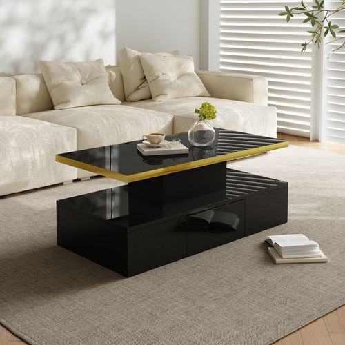 Table Basse Laquée Brillante Avec LED Intégrée, Double Plateau Et Tiroirs Pour Salon