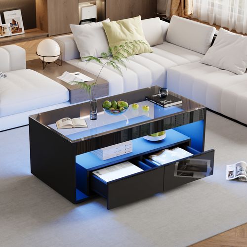 Table Basse Noire Brillante LED 16 Couleurs, 2 Tiroirs, Double Verre, Grand Rangement