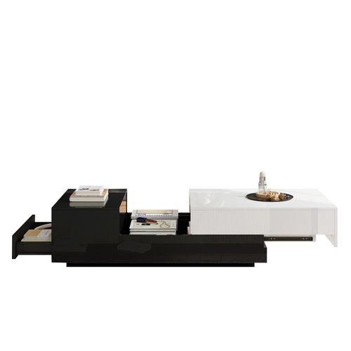 Table Basse Brillante 100x50x38 Cm, 1 Tiroir, Plateau Coulissant, Design Géométrique Noir Et Blanc