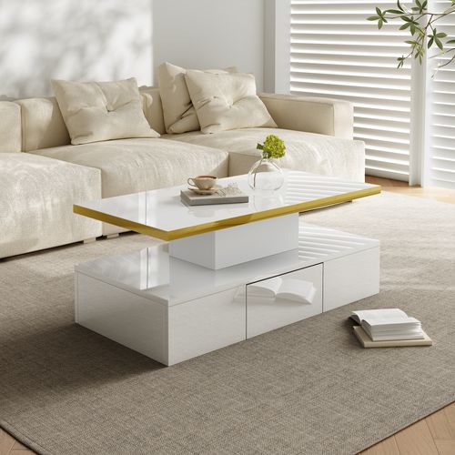 Table Basse Laquée Brillante Avec LED Intégrée, Double Plateau Et Tiroirs Pour Salon