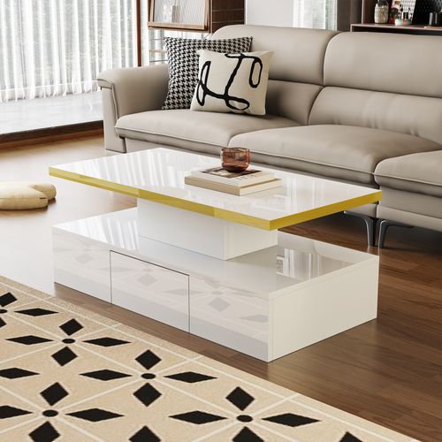 Table Basse Laquée Brillante Avec LED Intégrée, Double Plateau Et Tiroirs Pour Salon