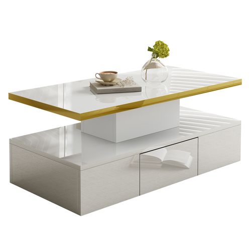 Table Basse Laquée Brillante Avec LED Intégrée, Double Plateau Et Tiroirs Pour Salon